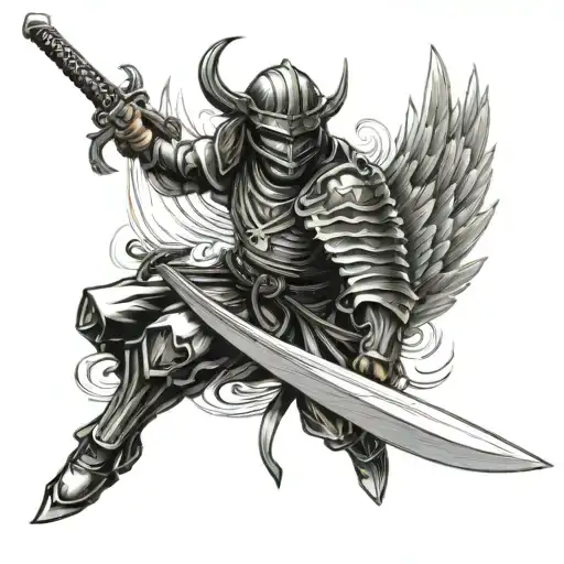 dark angel wing, samurai sword tattoo design idea