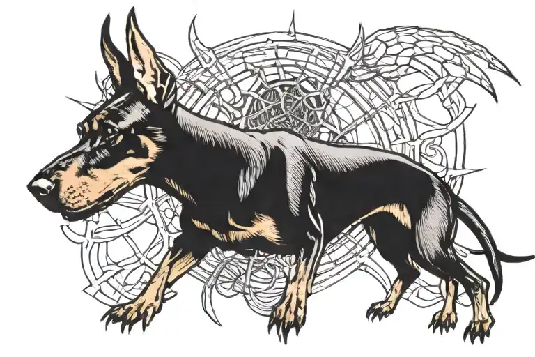 doberman dog and spider skull wearing tattoo design idea