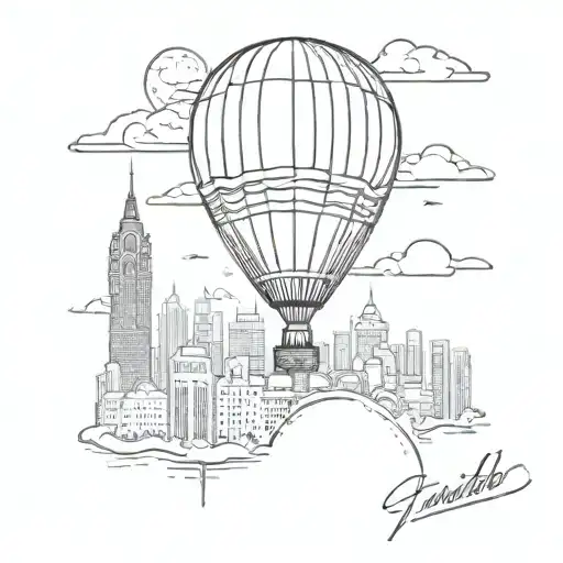A sketch style tattoo of a hot air balloon floating over a city skyline, representing your passion for travel and exploration tattoo design idea
