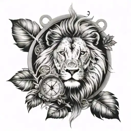 A tattoo about a lion in the jungle with a clock giving the time of birth of my son tattoo design idea