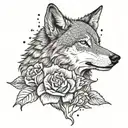 A dotwork tattoo of a wolf howling with a single rose blooming underneath  tattoo design idea