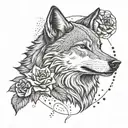 A dotwork tattoo of a wolf howling with a single rose blooming underneath  tattoo design idea