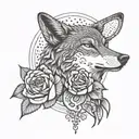 A dotwork tattoo of a wolf howling with a single rose blooming underneath  tattoo design idea