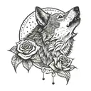 A dotwork tattoo of a wolf howling with a single rose blooming underneath  tattoo design idea