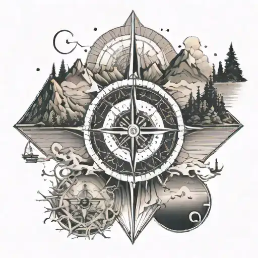 A compass rose surrounded by various outdoor elements like mountains, trees, and waves tattoo design idea