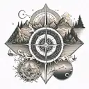 A compass rose surrounded by various outdoor elements like mountains, trees, and waves tattoo design idea