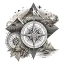 A compass rose surrounded by various outdoor elements like mountains, trees, and waves tattoo design idea
