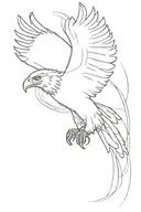 An eagle or falcon in flight, with claws extended and with details of smoke or clouds around it to give the impression o tattoo design idea