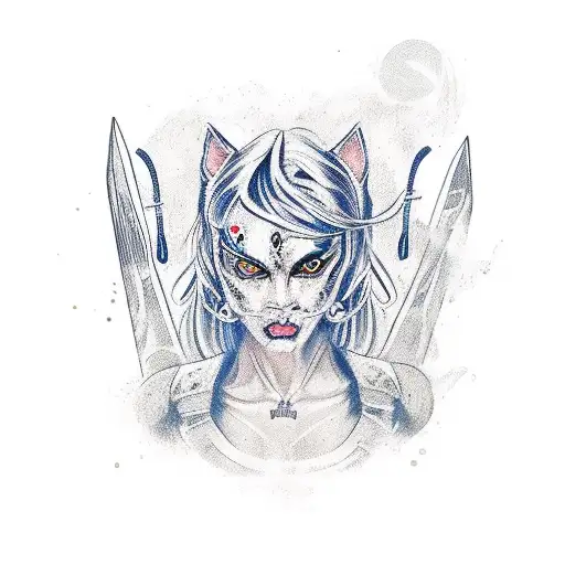 A new-school design of a woman morphing into a fierce dog warrior tattoo design idea