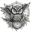 A hippie-inspired owl with bat wings holding a clock tattoo design idea