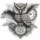 A hippie-inspired owl with bat wings holding a clock tattoo design idea