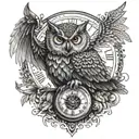 A hippie-inspired owl with bat wings holding a clock tattoo design idea