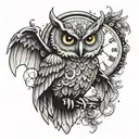 A hippie-inspired owl with bat wings holding a clock tattoo design idea