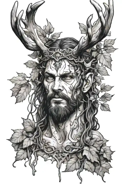 cernunnos man with antlers bleeding leaves bark beard  tattoo design idea