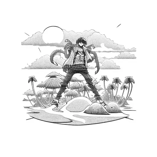 An anime-inspired scene of a tropical island with characters from One Piece engaging in a hip hop dance battle tattoo design idea