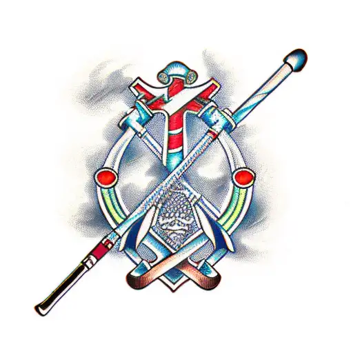 A traditional style cross with pool cues and golf clubs intertwined tattoo design idea
