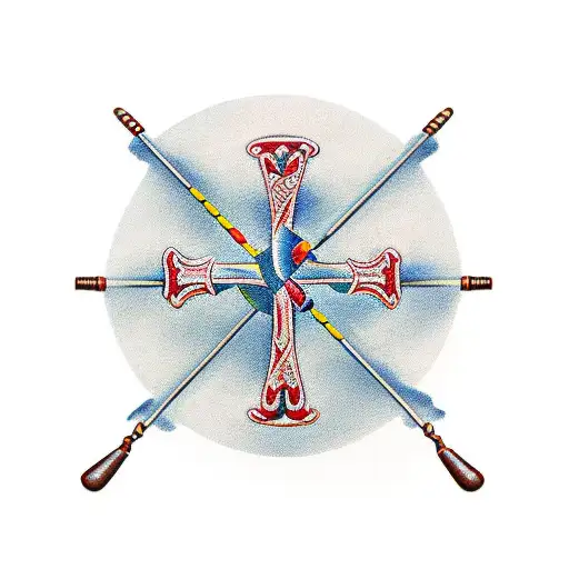 A traditional style cross with pool cues and golf clubs intertwined tattoo design idea