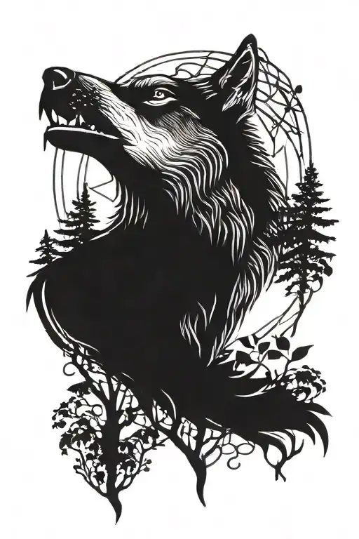 A wolf with a raven, woodsy theme arm sleeve tattoo design idea