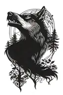 A wolf with a raven, woodsy theme arm sleeve tattoo design idea