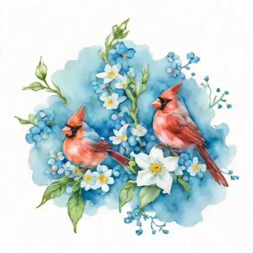 cardinal, forget me nots and baby's breath tattoo design idea