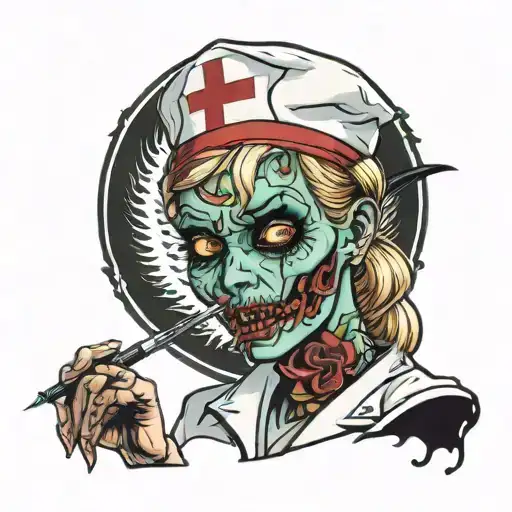 zombie nurse holding syringe tattoo design idea