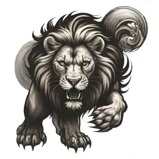 guardian angel with lion roaring tattoo design idea