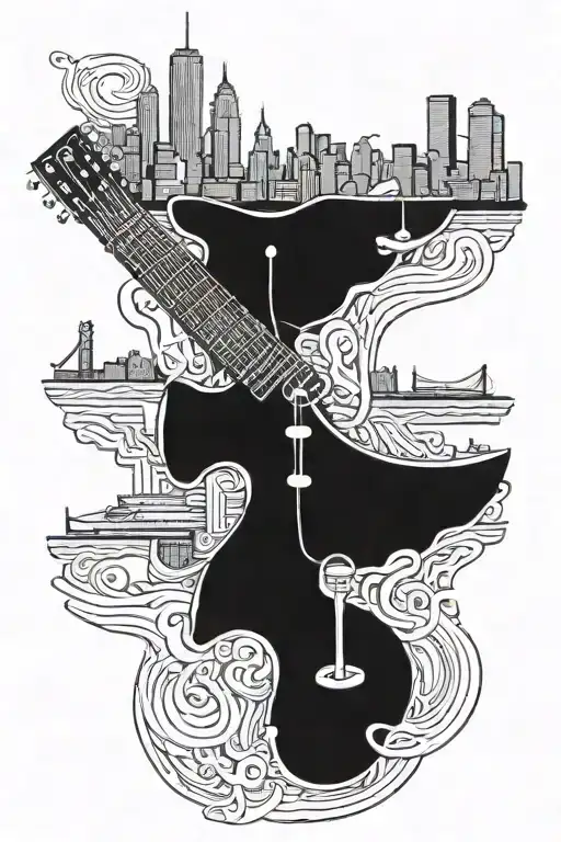 A surrealistic composition of a guitar intertwined with the New York City skyline tattoo design idea