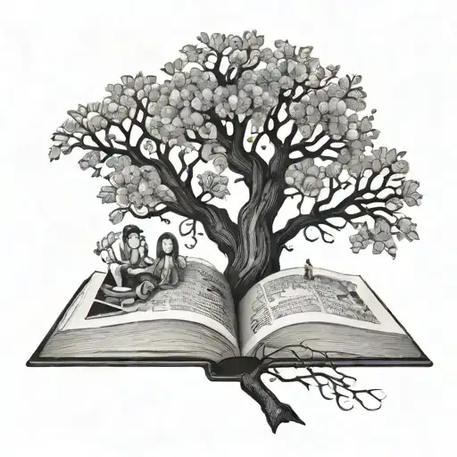 A book with a family tree growing out of it, symbolizing the importance of education and family in one's life tattoo design idea
