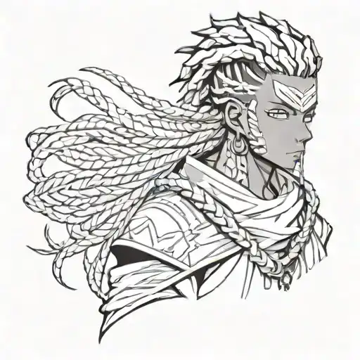 Dark skin anime boy, black long length cornrows, best quality, naruto artstyle tattoo design idea