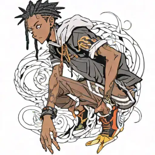 Dark skin anime boy, black cornrows hairstyle, best quality, air gear artstyle, naruto clothes  tattoo design idea