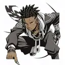 Dark skin anime boy, black cornrows hairstyle, best quality, air gear artstyle, naruto clothes  tattoo design idea