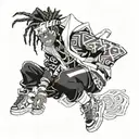 Dark skin anime boy, black cornrows hairstyle, best quality, air gear artstyle, naruto clothes  tattoo design idea