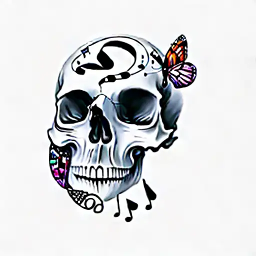 a skull with music notes and butterflies tattoo design idea
