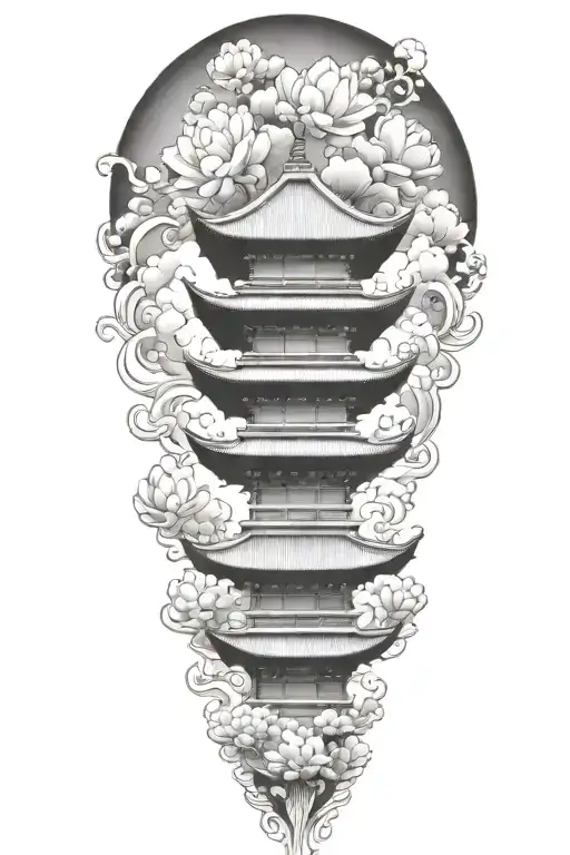 tall japanese temple clouds on a mountain  lotus flower  japanese filagree tattoo design idea