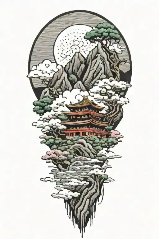 japanese temple nestled in clouds on a mountain side cherry blossom tree under a japanese rising sun  tattoo design idea
