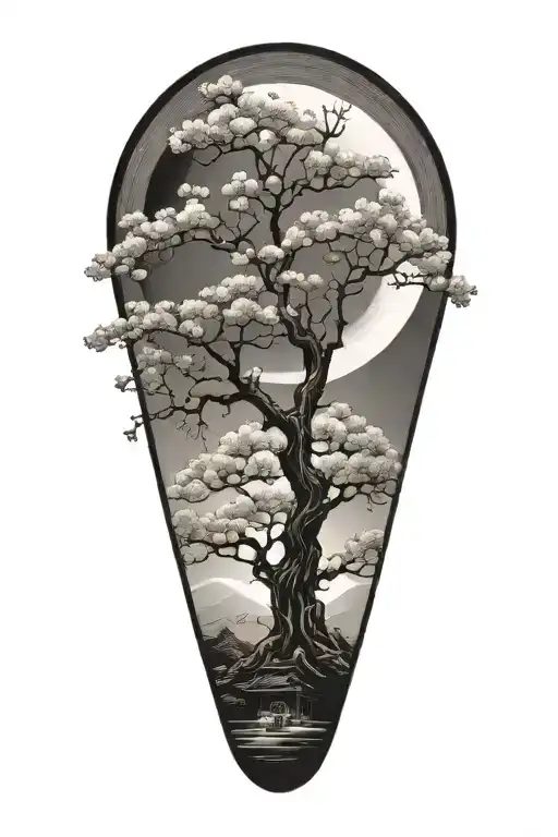 japanese temple cherry blossom tree rising sun tattoo design idea