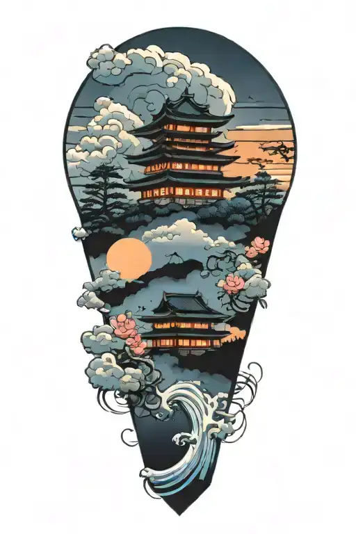 japanese temple nestled in clouds lotus flower under a japanese rising sun  tattoo design idea