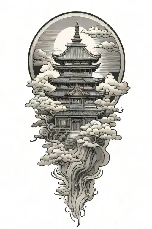 japanese temple nestled in clouds on a mountain  lotus flower under a japanese rising sun  tattoo design idea