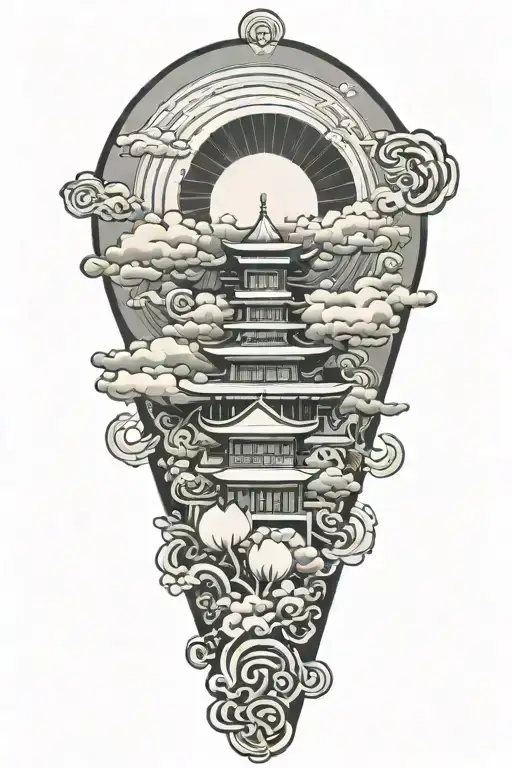 japanese temple clouds on a mountain  lotus flower under a japanese rising sun flag tattoo design idea