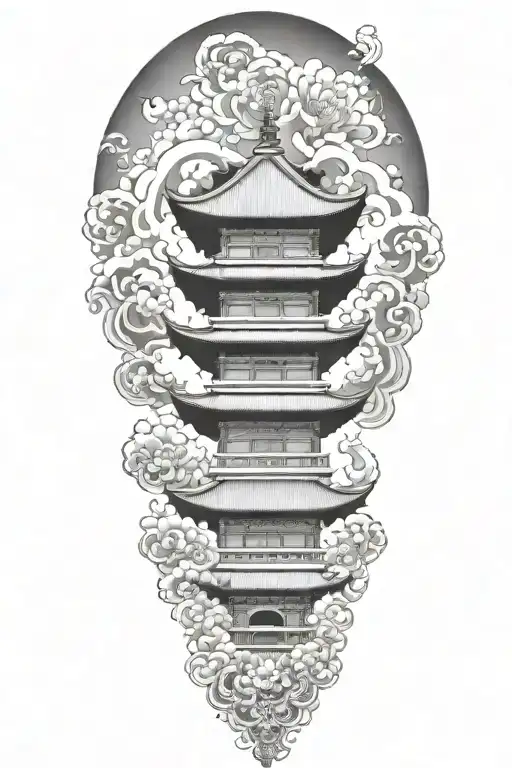 tall japanese temple clouds on a mountain  lotus flower  japanese filagree tattoo design idea