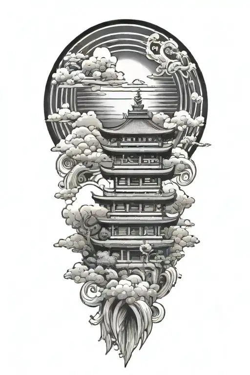 japanese temple nestled in clouds lotus flower under a japanese rising sun tattoo design idea