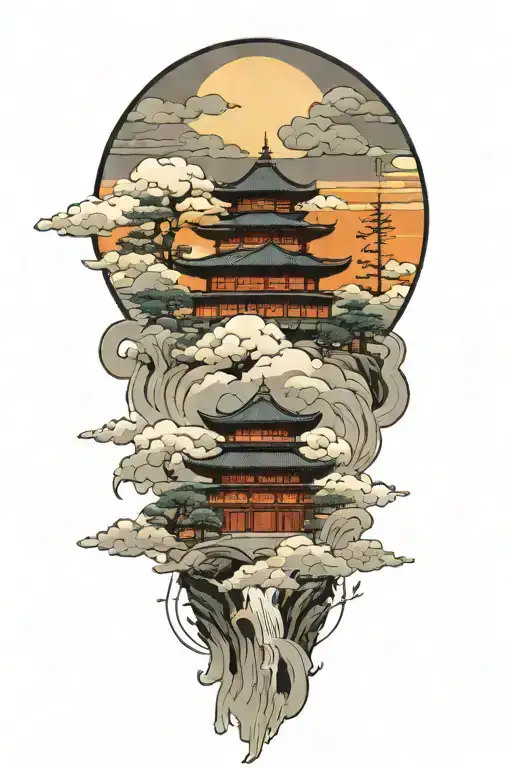 japanese temple nestled in clouds lotus flower under a japanese rising sun  tattoo design idea