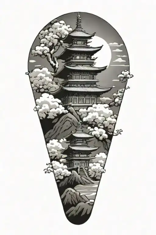 japanese temple nestled in clouds lotus flower under a japanese rising sun tattoo design idea