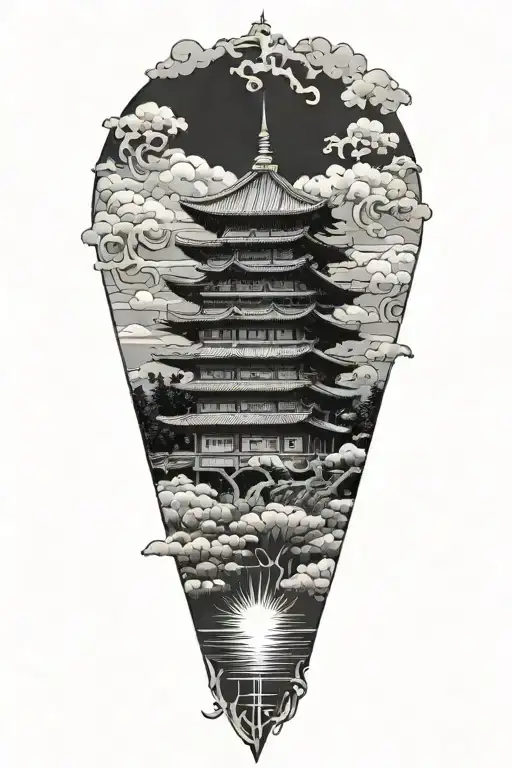 japanese temple nestled in clouds lotus flower under a japanese rising sun  tattoo design idea
