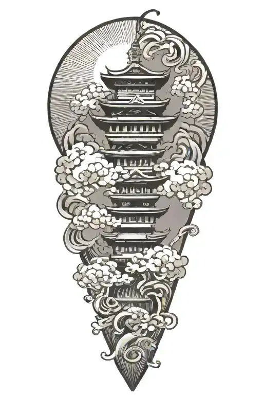 japanese temple clouds on a mountain  lotus flower under a japanese rising sun  tattoo design idea