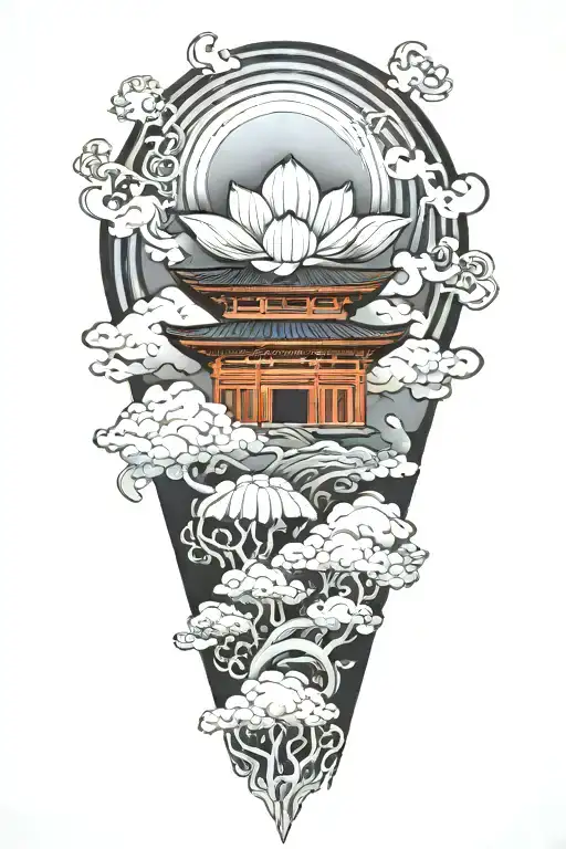 japanese temple clouds on a mountain  lotus flower under a japanese rising sun flag japanese filagree tattoo design idea
