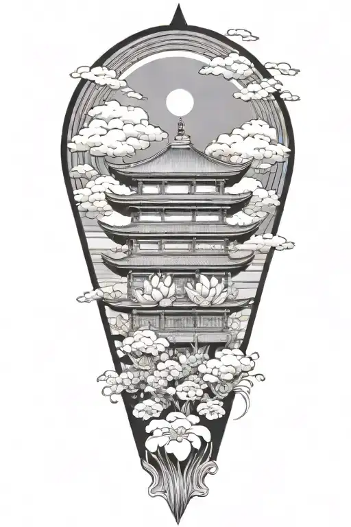 japanese temple clouds on a mountain  lotus flower under a japanese rising sun  tattoo design idea