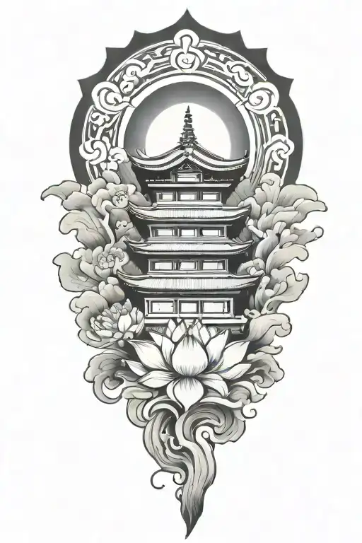 japanese temple clouds on a mountain  lotus flower under a japanese rising sun flag tattoo design idea
