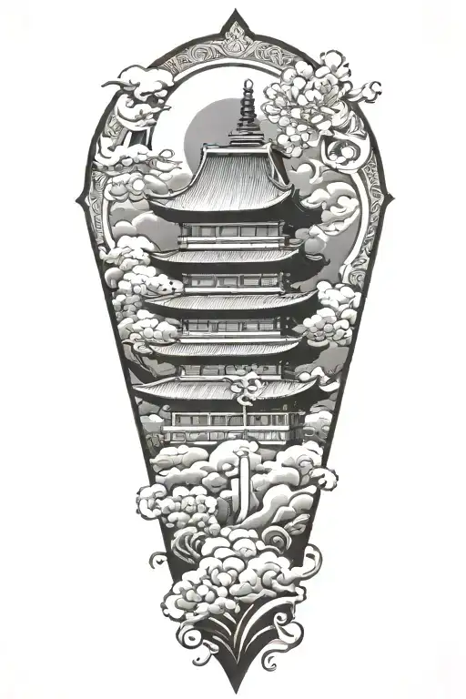 tall japanese temple clouds on a mountain  lotus flower under a japanese rising sun flag japanese filagree tattoo design idea