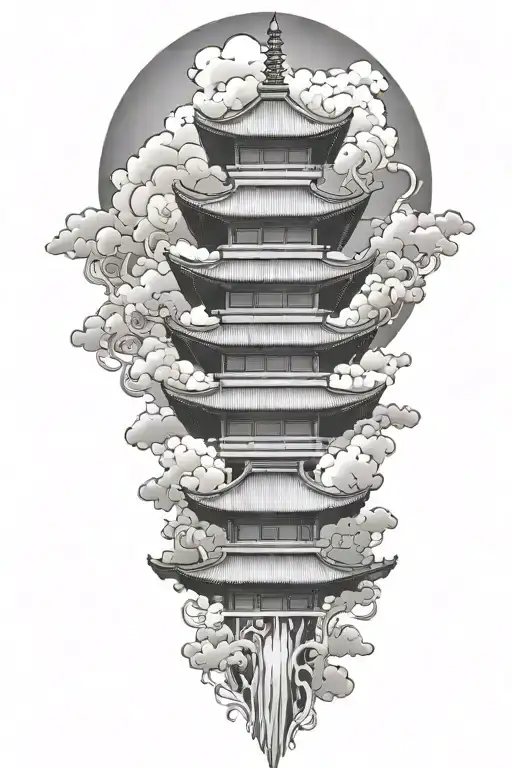 tall japanese temple clouds on a mountain  lotus flower  japanese filagree tattoo design idea
